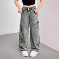 thumbnail image 2 of YunPes Girls Y2K Denim Pants Frayed Star Embroidered Wide Leg Pants with Elastic Waist Trendy Straight Leg Trousers Hip-Pop Streetwear, 2 of 6