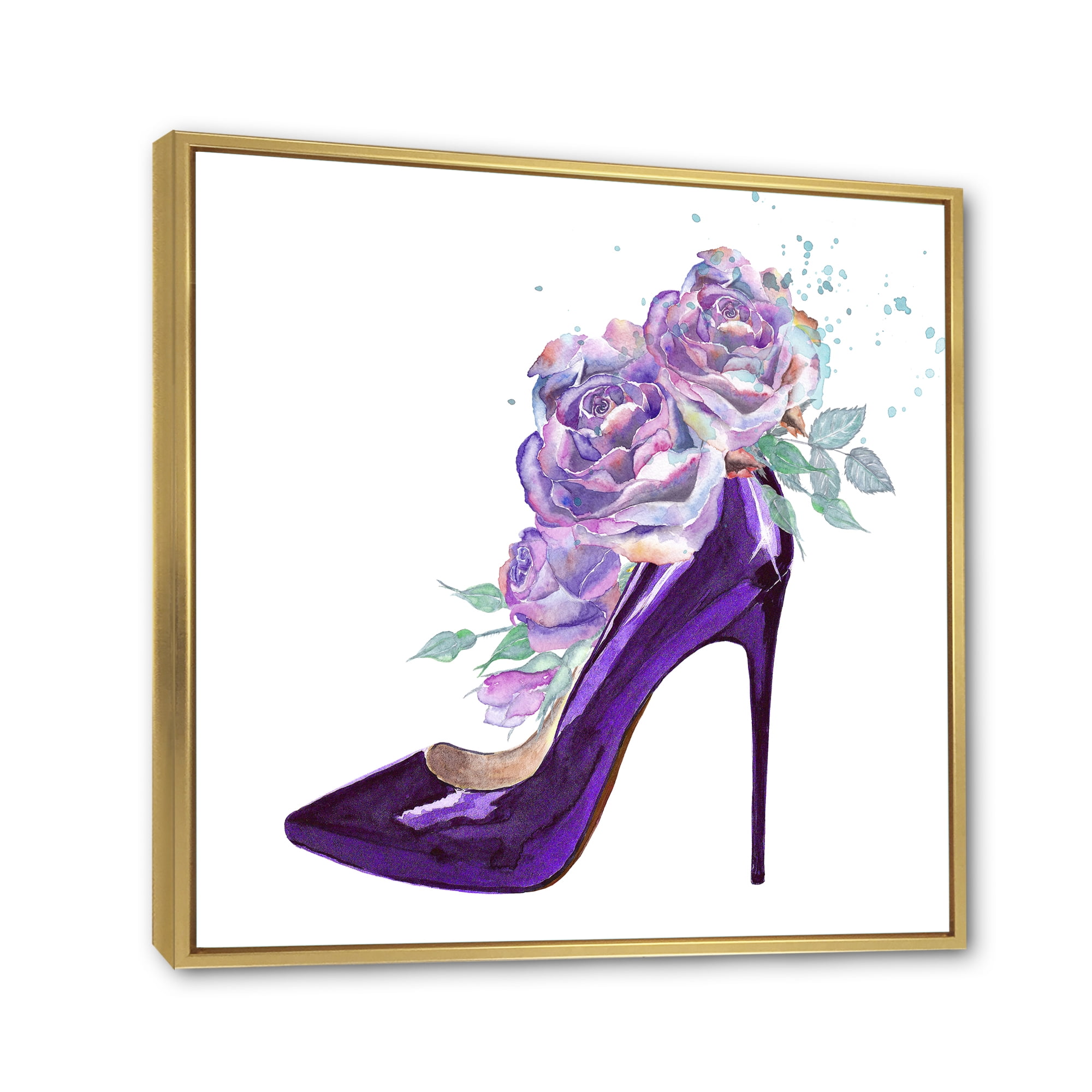 Designart 'Pink VIolet Roses With Dark Purple Stiletto Shoe' Traditional Framed Canvas Wall Art Print
