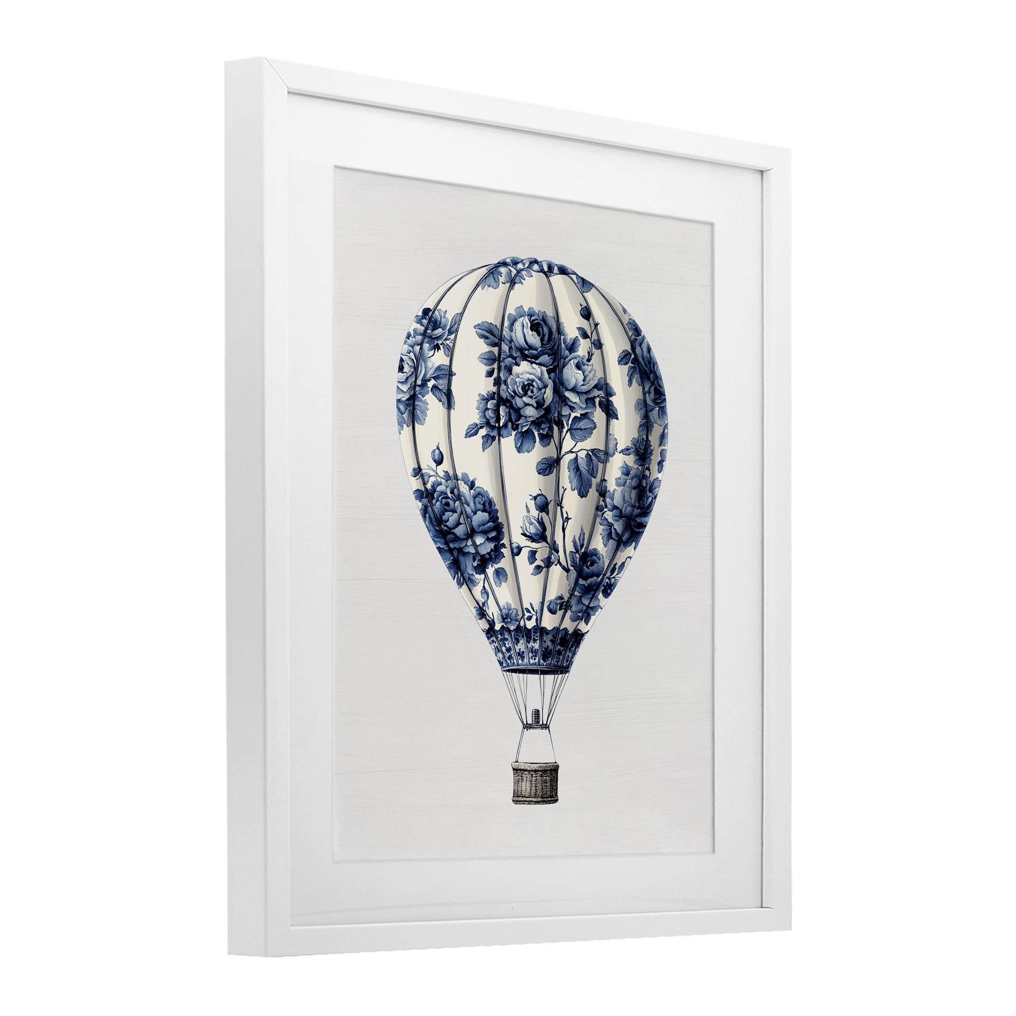 Vintage Toile Hot Air Balloon White Framed Print Under Glass, design by Lettered and Lined