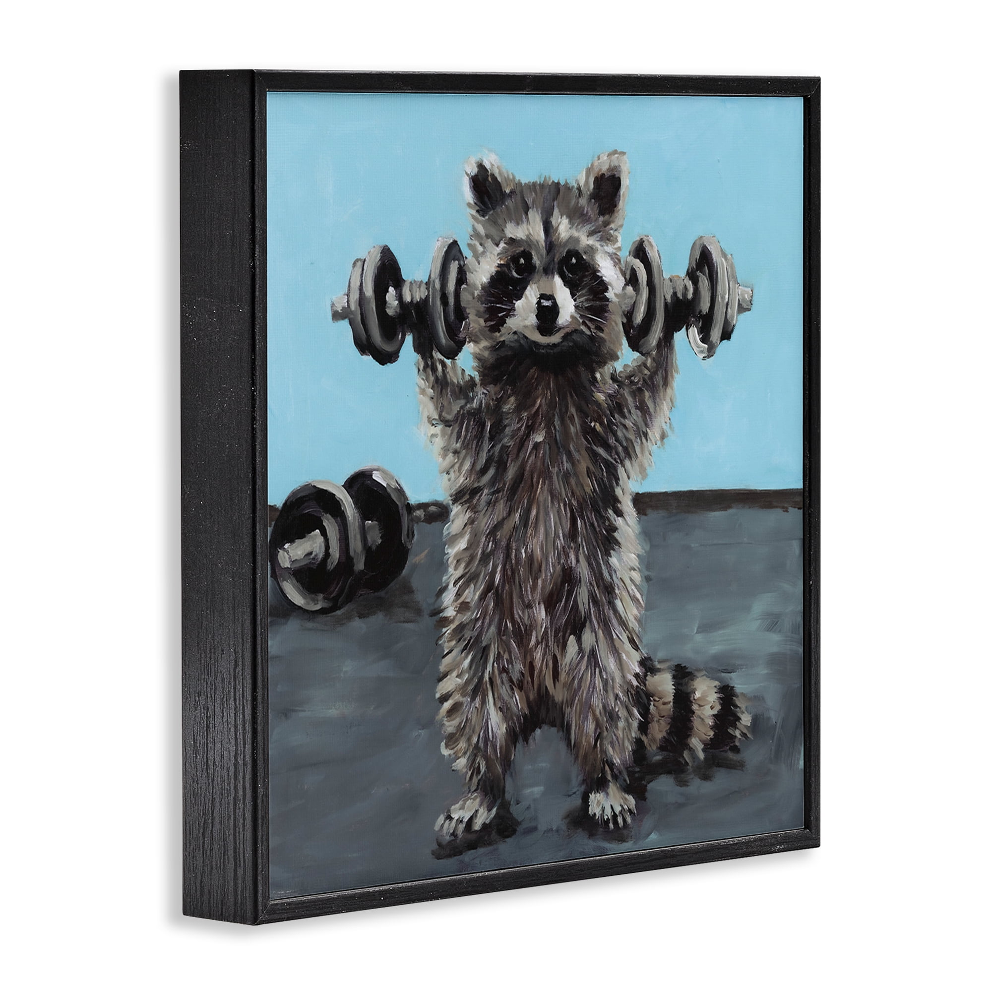 Fitness Raccoon with Weights Black Framed Giclee Art, design by Studio Bautista