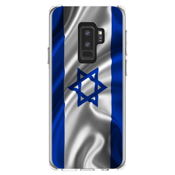 DistinctInk Clear Shockproof Hybrid Case for Samsung Galaxy S9  PLUS (6.2" Screen) - TPU Bumper, Acrylic Back, Tempered Glass Screen Protector - Israel Israeli Waving Flag - Israel