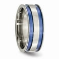 thumbnail image 4 of Grey Titanium Ring Band Wedding with Blue Double Groove 8.5mm Polished, 4 of 6