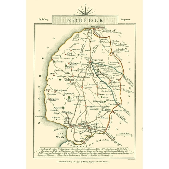 Historic Map - Norfolk County England - Cary 1792 - 23 x 33.27 - Vintage Wall Art