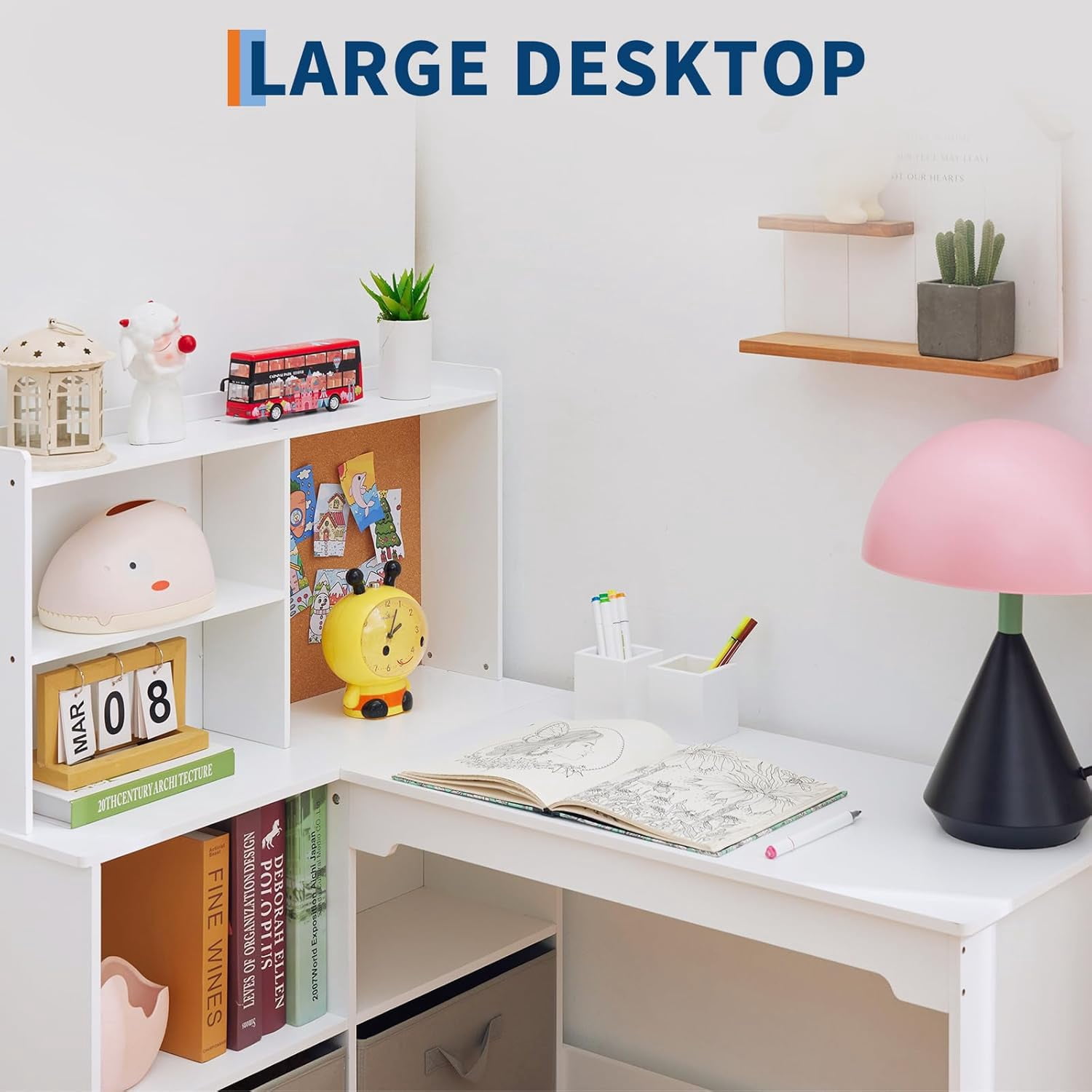 Kids Corner Desk and Chair Set L Shape Children Study Table with  Open Shelves Hutch for Home School Use