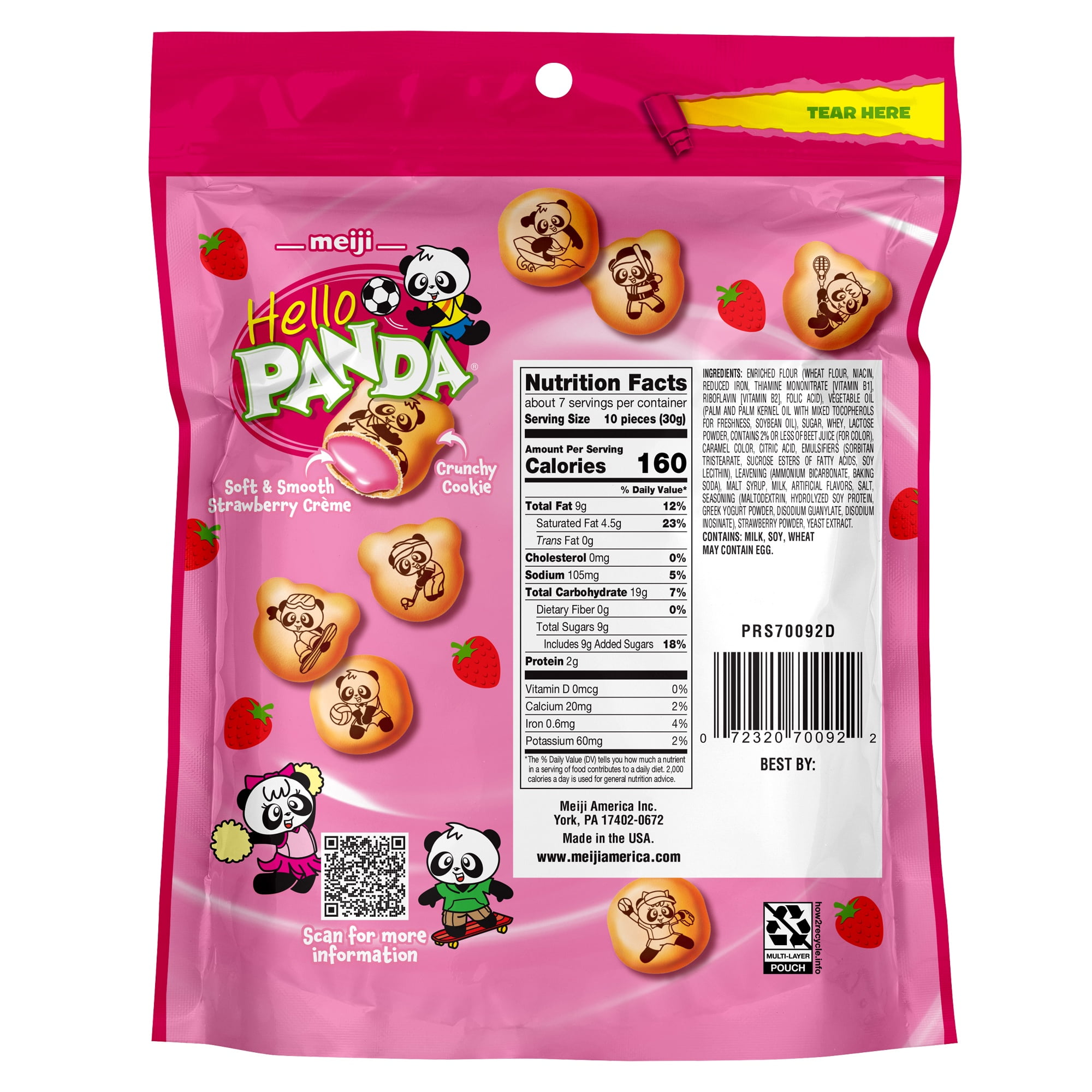 Meiji Hello Panda Strawberry Cookies, 7oz Resealable Pouch, Bite
