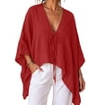 thumbnail image 2 of VBVC Women's Cotton Linen V Neck Tie Front Tunic, Ladies' Loose Batwing Sleeve Blouse, Casual Asymmetrical Vacation Top For Women, Red , S-2XL, 2 of 9