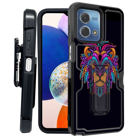 ANJ  Rugged Shockproof Kickstand Hybrid Case with Card Slot and Holster   Tempered Glass Cover for Motorola Moto G Stylus 5G (2023) - Tribal Lion
