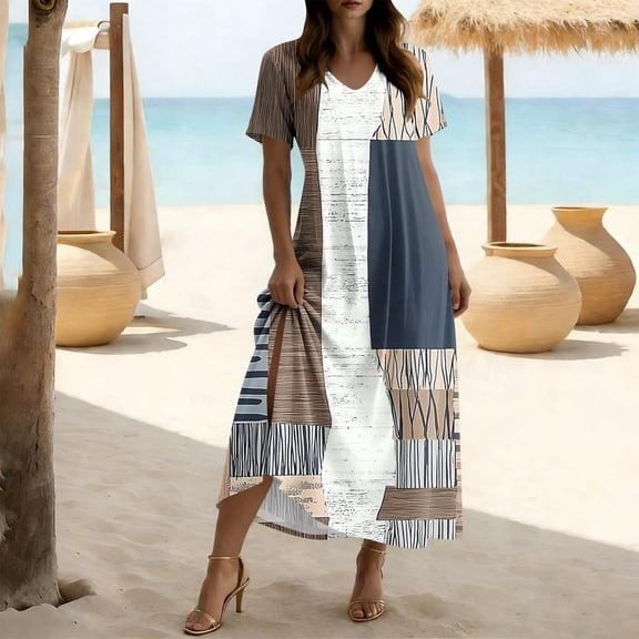 Qulqfy Cotton Summer Dresses for Women Maxi Boho Flowy Short Sleeve Floral Khaki Vintage Side Slit Casual V-Neck Beach Long Dresses L