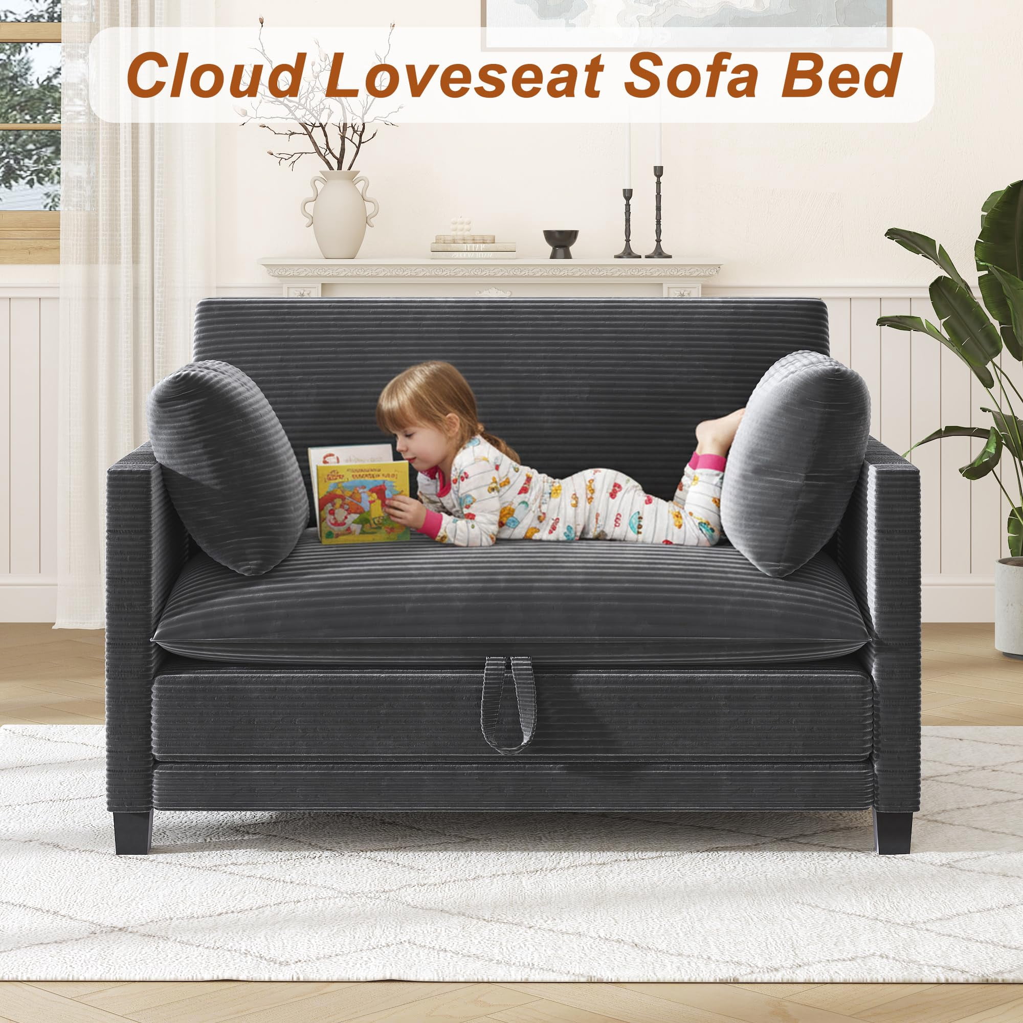 ANPOO 51 Inch Convertible Sofa Bed, 2-in-1 Folding Loveseat with Storage Pockets, 2 Pillows & Removable Cover, Modern Corduroy Sleeper Sofa for Small Spaces, Apartment and Living Room