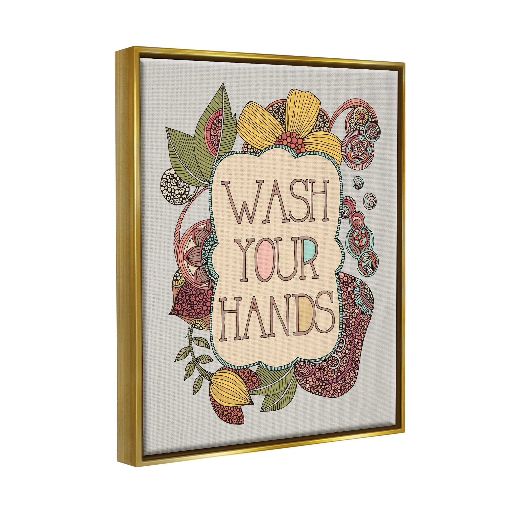 Stupell Industries Wash Your Hands Bathroom Sign Intricate Floral Details Graphic Art Metallic Gold Floating Framed Canvas Print Wall Art, Design by Valentina Harper