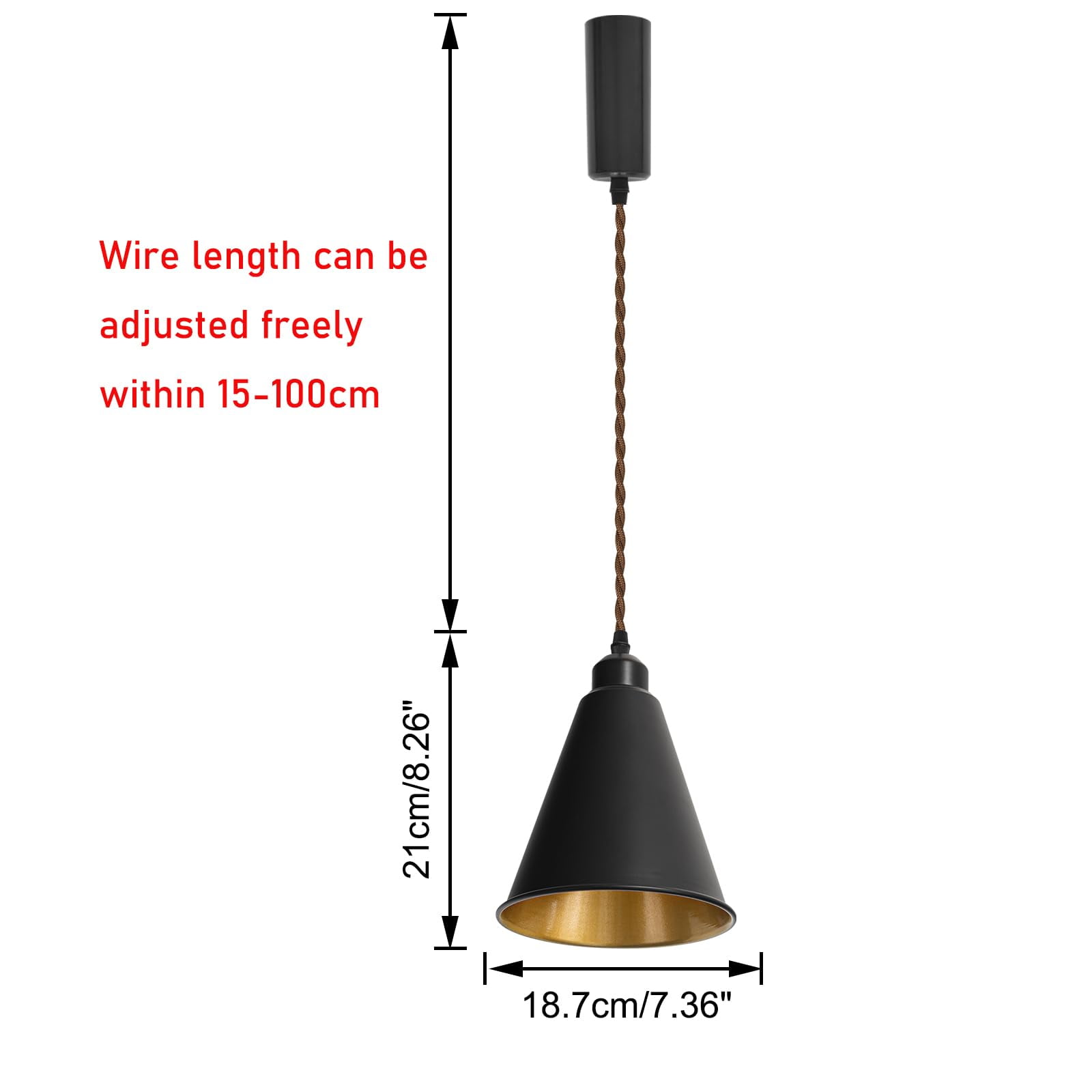 KAYYELAMP Black Metal Cone Shade Inner Gold Track Lighting J-Type 39.3 Inches Brown Twisted Adjusted Cord Vintage Track Lamp for Kitchen Dining Table Loft(No Bulb, Track)