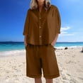 thumbnail image 2 of Jinhomg Shorts Sets Women 2 Piece Outfits Cotton Linen Short Sleeve Shorts Lounge Wear Buttons Down V Neck Tracksuits Brown,S, 2 of 7