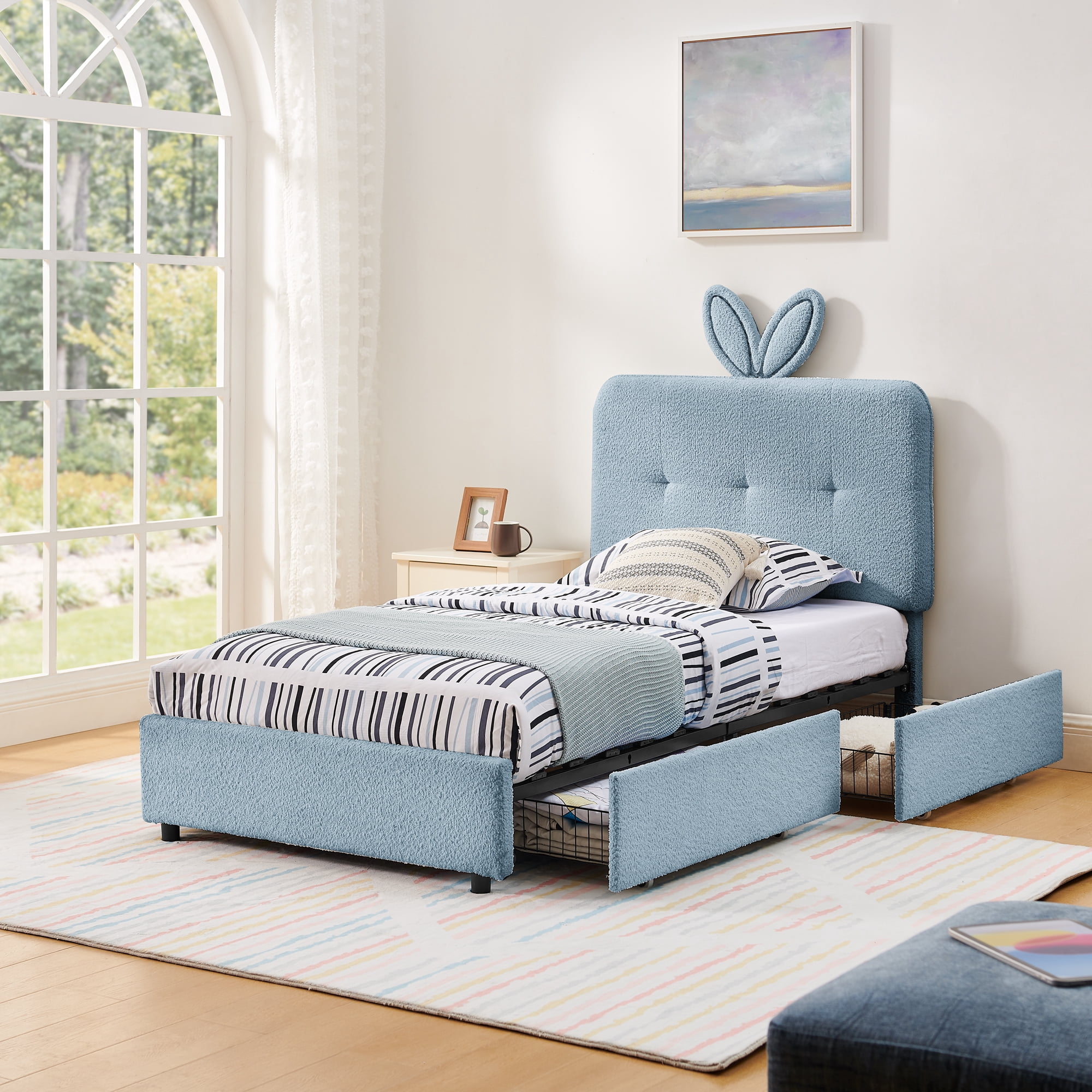 Mintazer Twin Upholstered Kids Bed with Oversized Rabbit Ear Headboard, Boucle Fabric Platform Bed with LED Headboard & 4 Storage Drawers, Blue