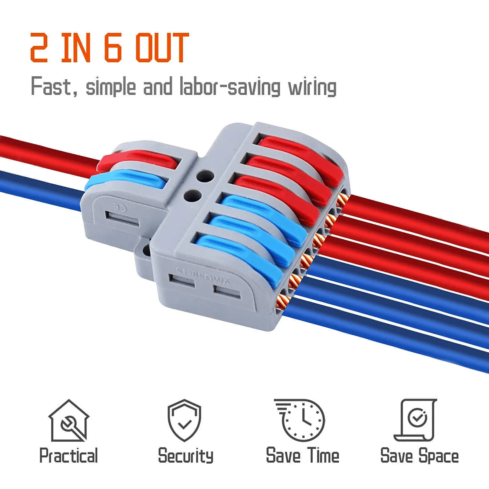 NineLeaf 60PK Electrical Splice Connectors, 2 in 6 Out DIY Mini Wiring Cable Block, Compact Lever Wire Connectors, 28-12 AWG