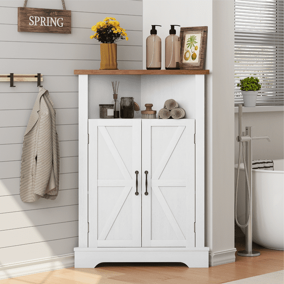 Smuxee Farmhouse Corner Bathroom Storage Cabinet, Freestanding Triangle Linen Organizer Cabinet with Barn Doors & Adjustable Shelves for Laundry Room,White
