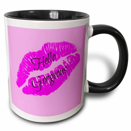 

3dRose Hello gorgeous black letters on a picture of red lips - Two Tone Black Mug 11-ounce