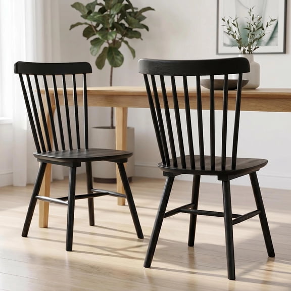BSHTI Solid Wood Dining Chairs, Spindle Back Kitchen Chairs with H-Style Legs, Classic Farmhouse Dining Room Chairs, Black,Set of 2