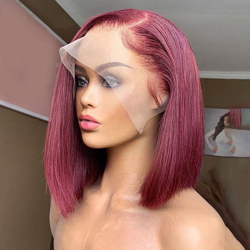 99J Burgundy Short Bob Wig 13X4 Lace Front Wigs for Women Brazilian Human Hair Red Highlighted Colored Lace Frontal Wig 10inch