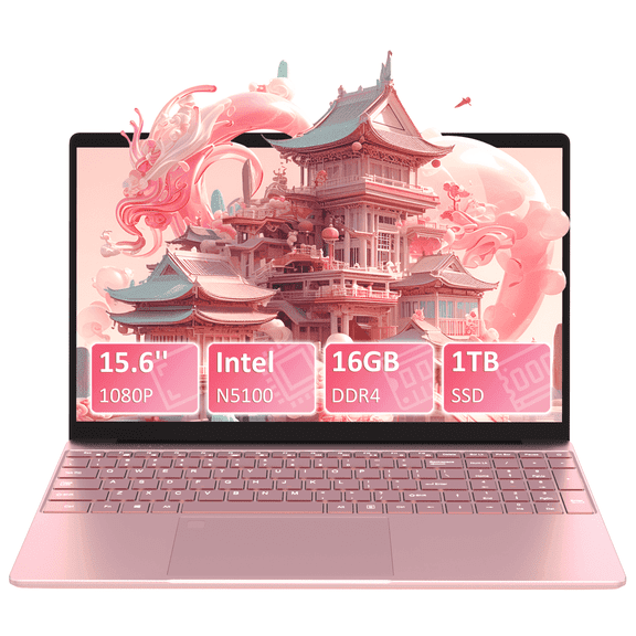 Auusda 15.6" Laptop Computer, 16GB RAM 1TB SSD, N5100 CPU, Windows 11 Pro Notebook, Backlit Keyboard, Fingerprint Unlock, Pink