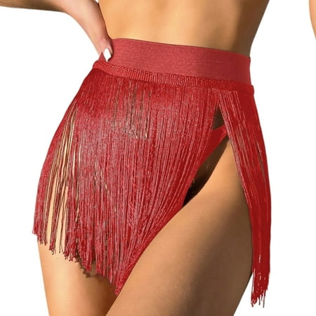 Kitem Swim Skirt Cover-up High Waist Solid Color Tassel Sun Protection Beach Bikini Skirt Pool Beach Hot Spring Sexy Swimwear (Red M)