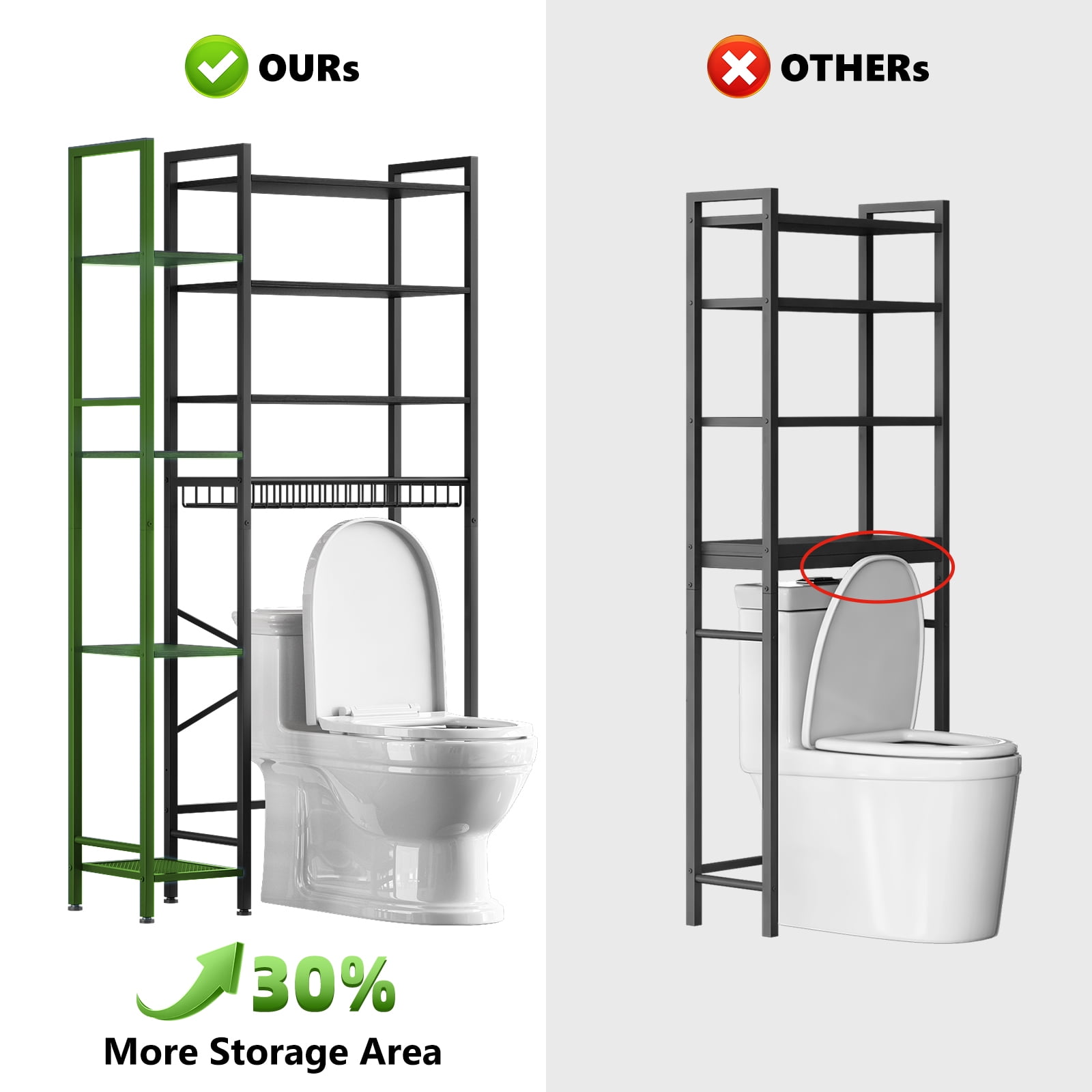 Biemlerfn 8-Tier Over the Toilet Rack, Bathroom Storage Organizer with Adjustable Shelves, Toilet Paper Holder & Hooks, Black