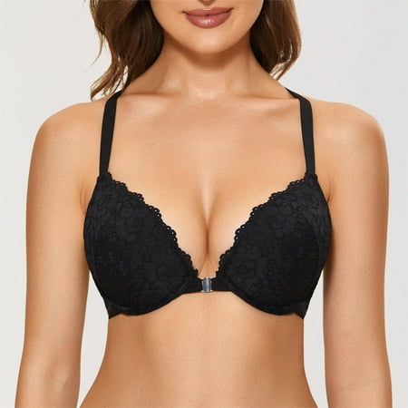 

DOBREVA Women s Floral Lace Back Front Closure Padded Push Up Underwire Bra Plunge