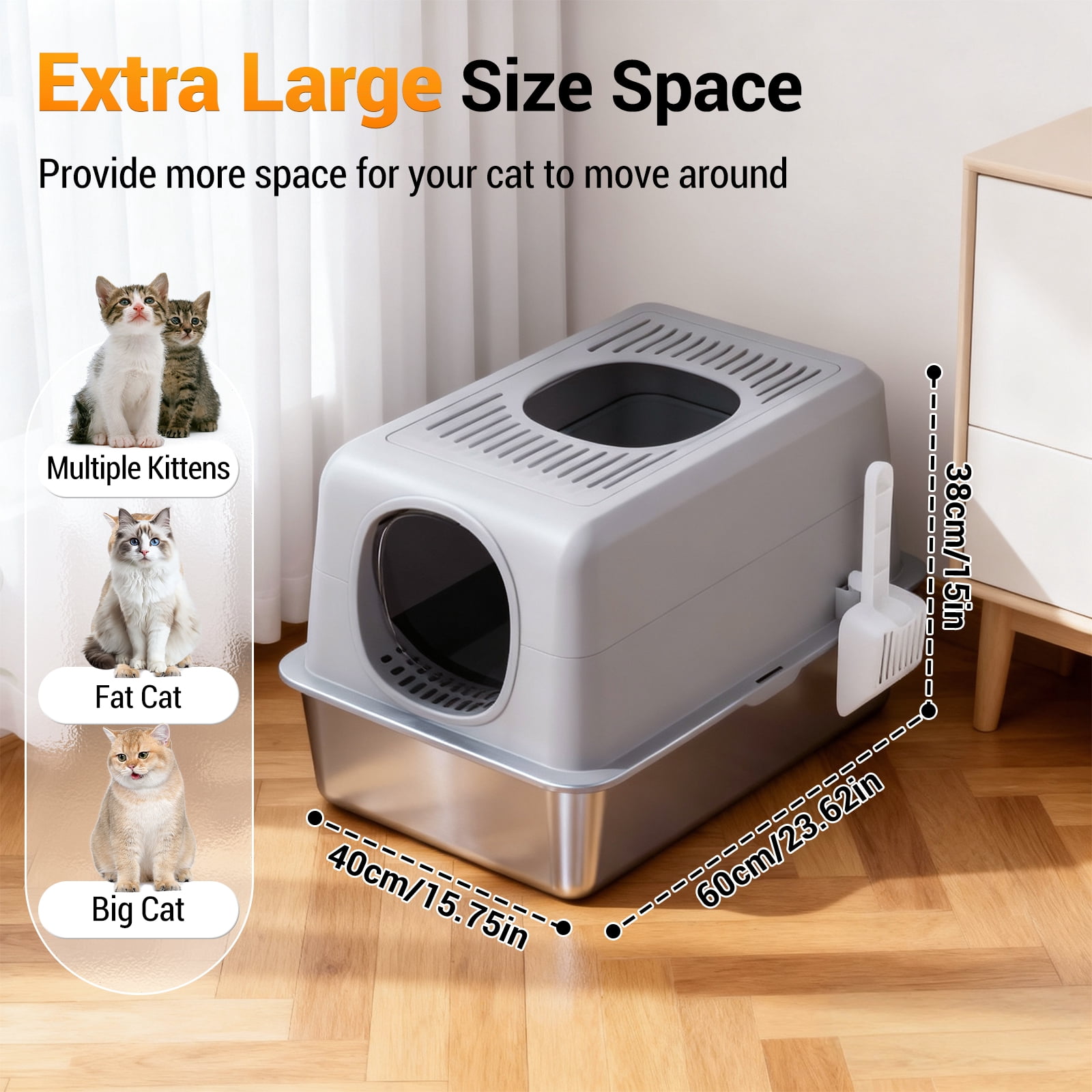 Extra Large Cat Litter Box - Stainless Steel Enclosed Tray with Dual Entry, 20L , 60x40x38cm