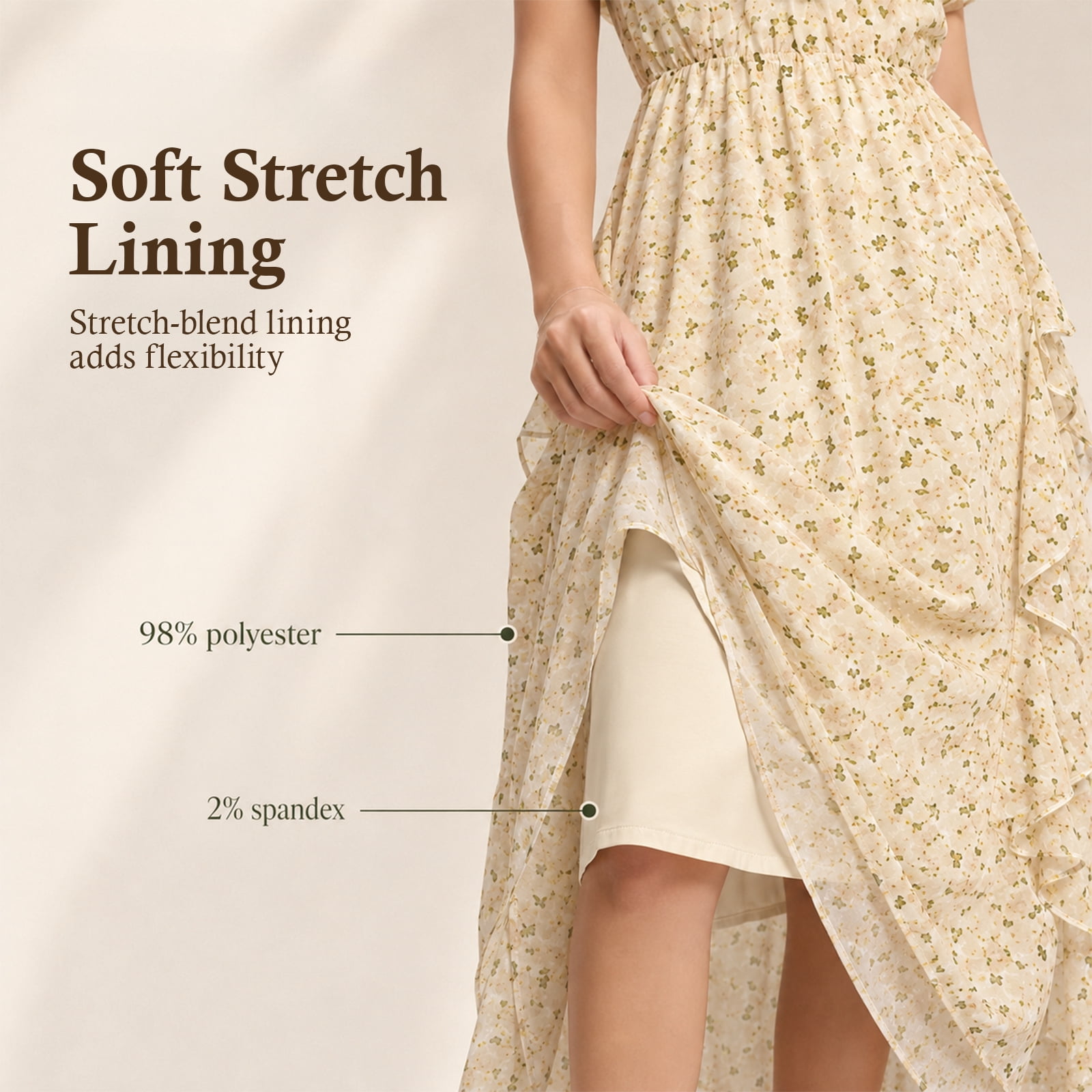Alvantor Summer Maxi Dresses for Women, Sleeveless Ruffle V-Neck Floral Poly Chiffon, Ivory Multi