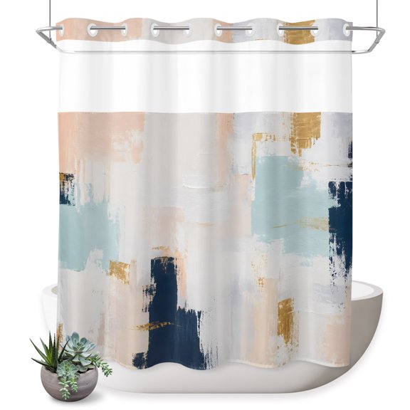 No Hook Shower Curtain, Abstract Pink Blue Shower Curtains for Bathroom with See Through Top Window, Modern Color Block Mottled Simple Art Waterproof & Washable Bath Curtain 66"x72"