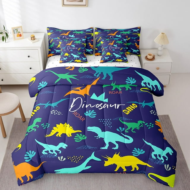 YST Ensemble de Literie Dinosaure Tout-en-un - Animaux de Dessin Animé 7 Pcs, Grand Lit (Bleu Foncé)