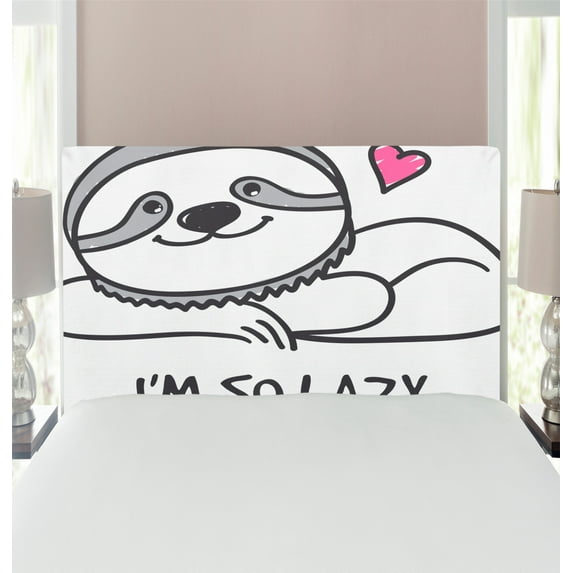 Sloth Headboard, Im So Lazy but Very Hand Drawn Animal Heart Shape Funny Doodle Art, Upholstered Decorative Metal Bed Headboard with Memory Foam, Twin Size, Grey Pink, by Ambesonne
