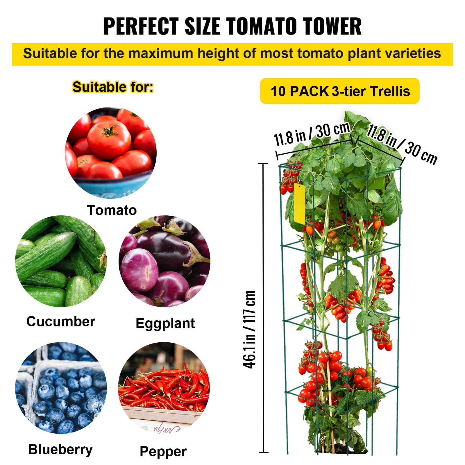 KFFKFF Tomato Cages, 11.8" x 11.8" x 46.1", 10 Packs Square Plant Support Cages, Silver PVC-coated Steel Tomato Towers for Climbing Vegetables, Plants, Flowers, Fruits