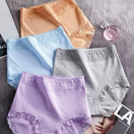 

4-Pack Women Briefs Lace Brim Panties Breathable Cotton Panties High Waist Briefs Seamless Elastic Briefs Female Belly Control Lifting Hip Underpanties