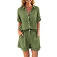 thumbnail image 3 of Women's Summer Linen Set Casual Collar Button Up Shirt And Wide Leg Shorts Two-Piece Set, 3 of 9