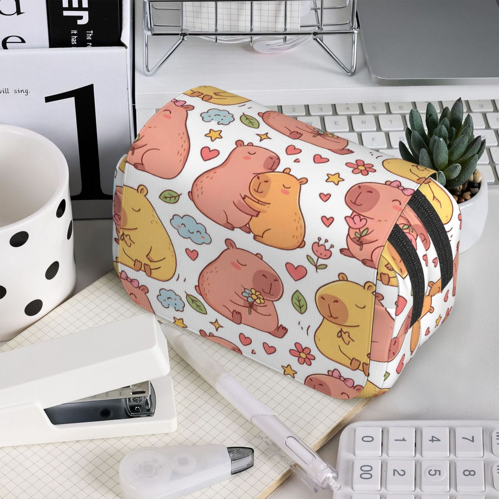 Large-Capacity Flip-Top Double-Layer Pencil Case, Multi-Functional Pocket Pen Case, Durable Stationery Organizer Capybara Pattern 5