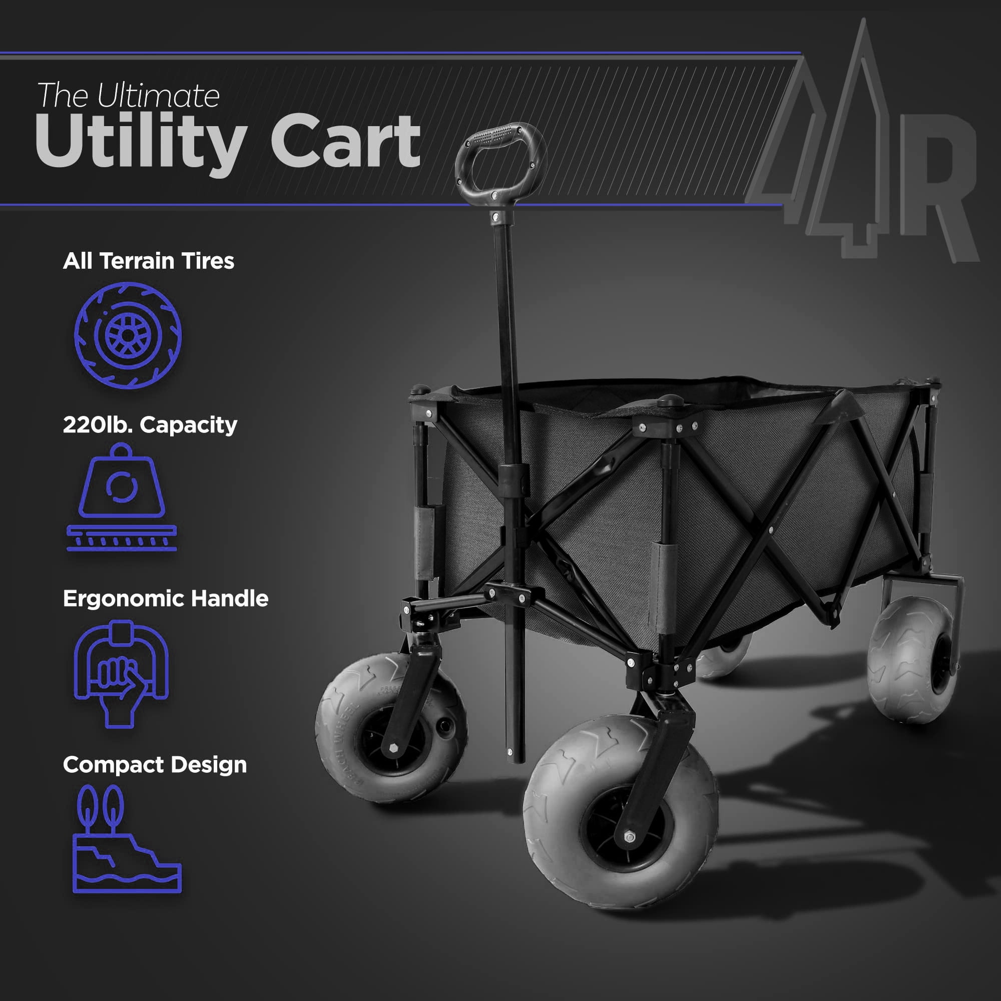 Rangland Beach Wagon With Big Wheels For Sand - All Terrain Steel Frame Utility Cart with 9" Pneumatic Tires, Collapsible Folding Design - Sand Warrior Pro Series II (black)