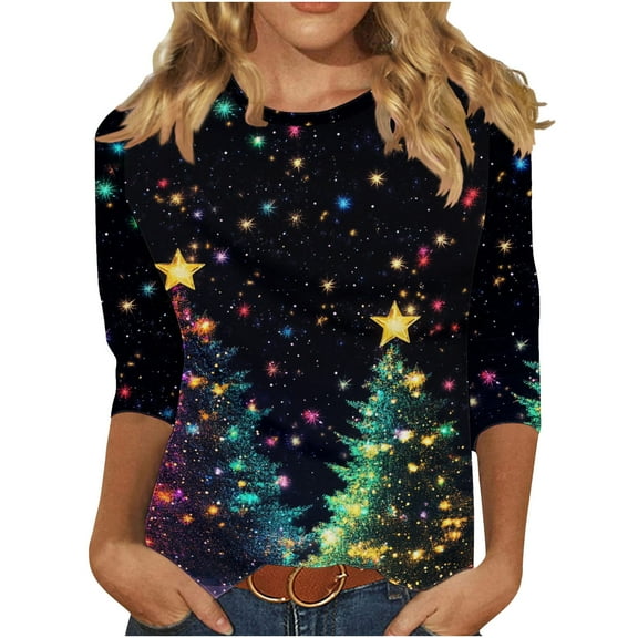 Christmas Shirt for Women Seasonal Fall Christmas Tree Tees 3/4 Sleeve Round Neck Tops Tshirts Fall Fashion Must Haves My Items