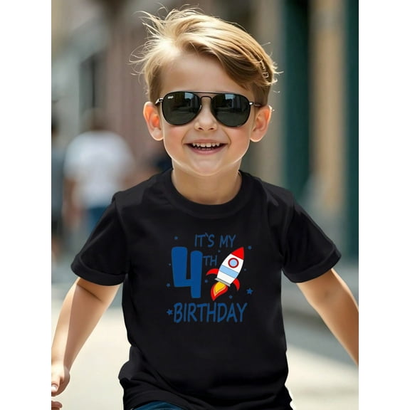 MAWOTEA It's My 4th Birthday Rockte Patterned Graphic T-shirts for Outdoor Sports and Daily Wearing, Young Girls T-Shirts, Size from 3-13Y