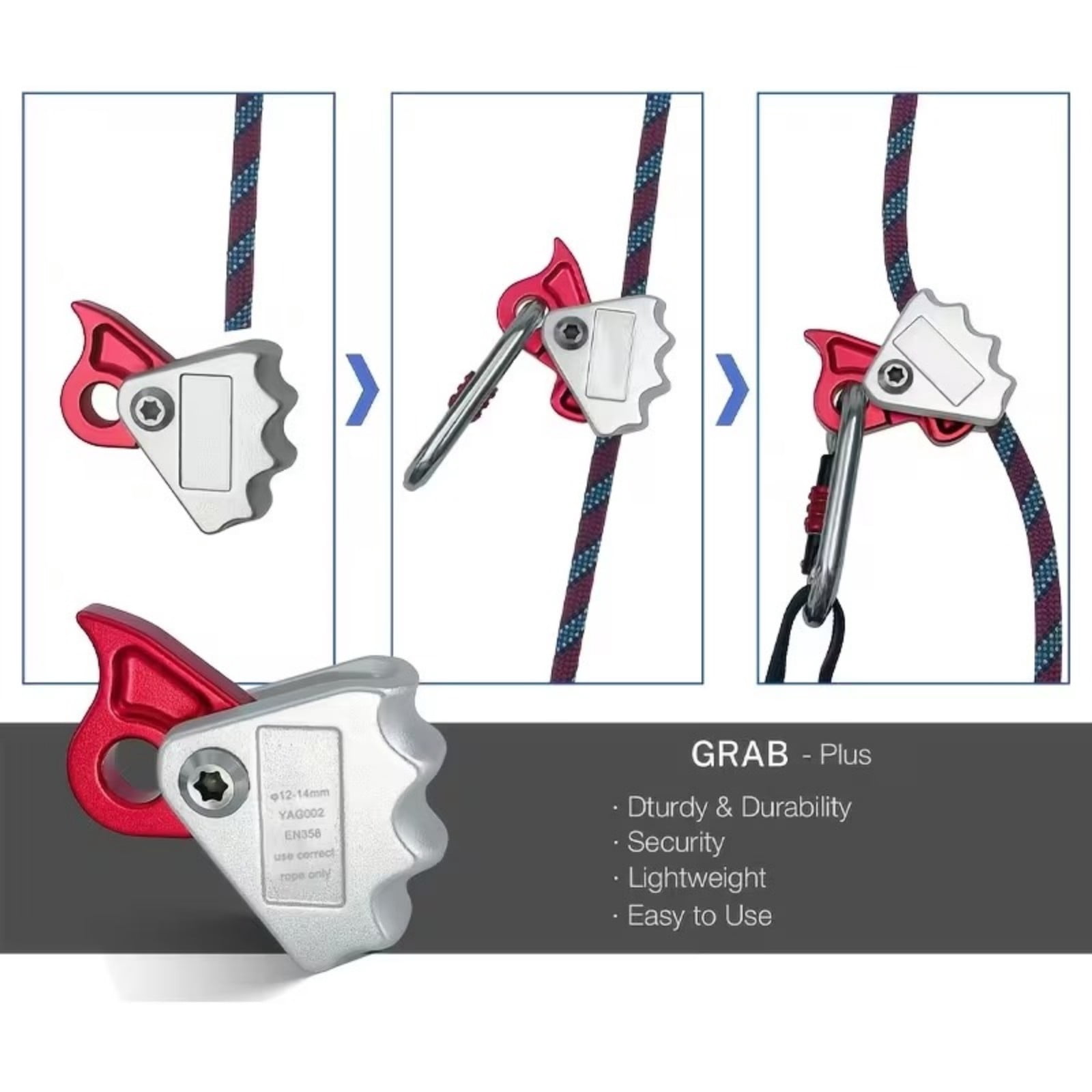RUIKI 1Pc Rope Grab Ascender, 15kN Fall Protection Belay Device, Flip Line Adjuster Fit 12-14mm Rope, Heavy-Duty Climbing Equipment for Rock Climbing Tree Arborist Rescue