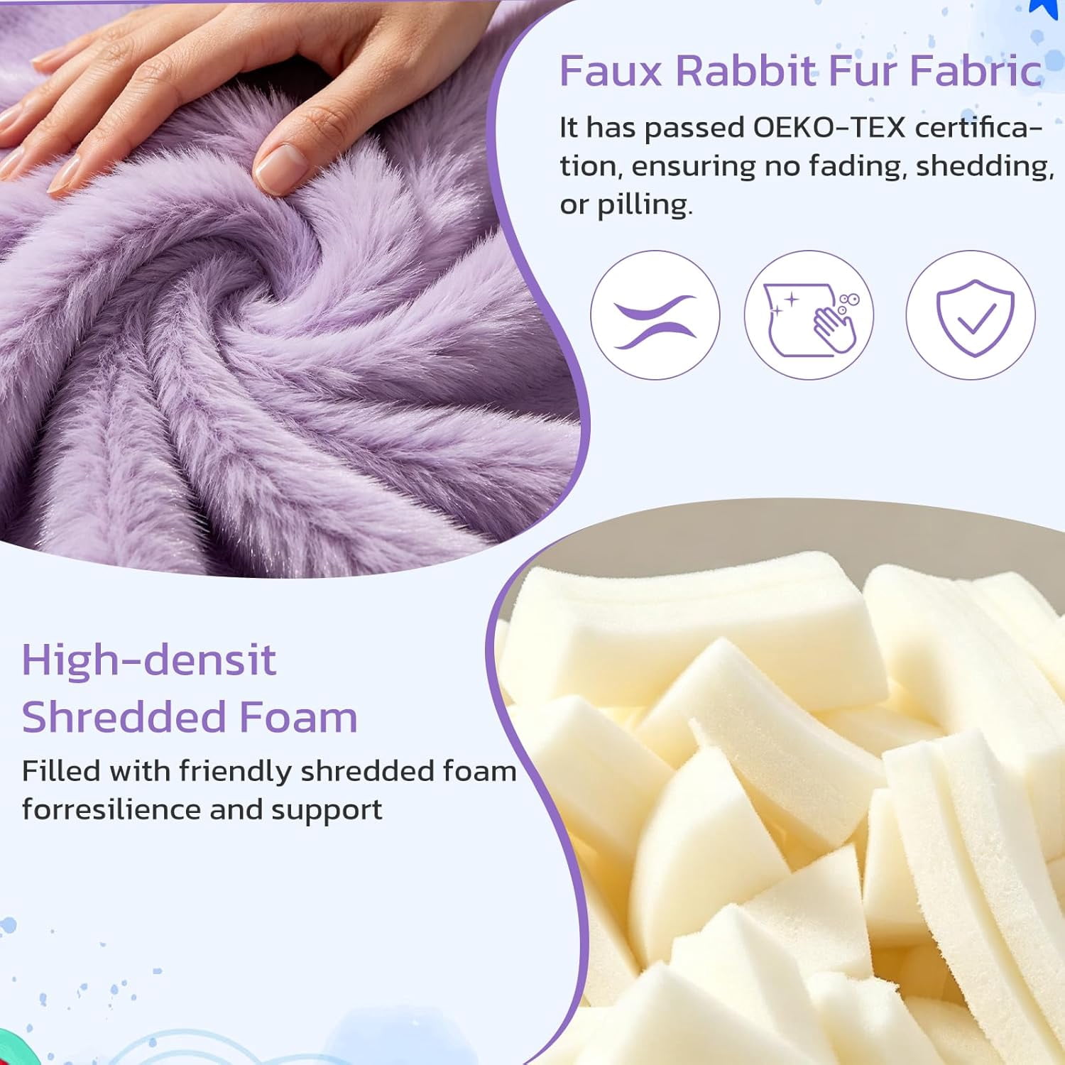 Simple Deluxe 2 ft Kids Bean Bag Chair, Faux Rabbit Fur Round Sofa with Handle and Washable Cover, Purple