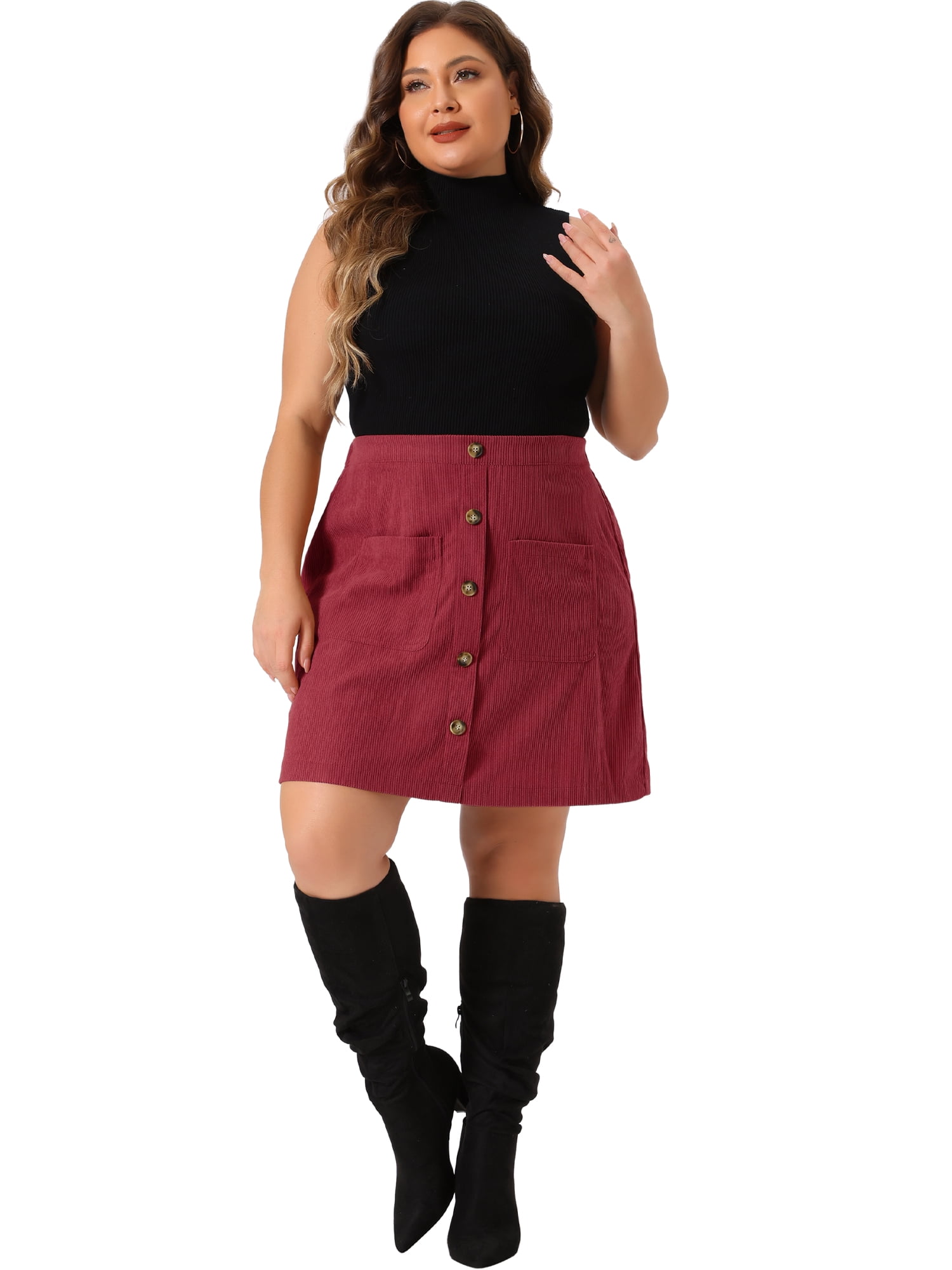 DARING DIVA Women's Plus Size with Pockets Mini Corduroy Skirt 2X Burgundy