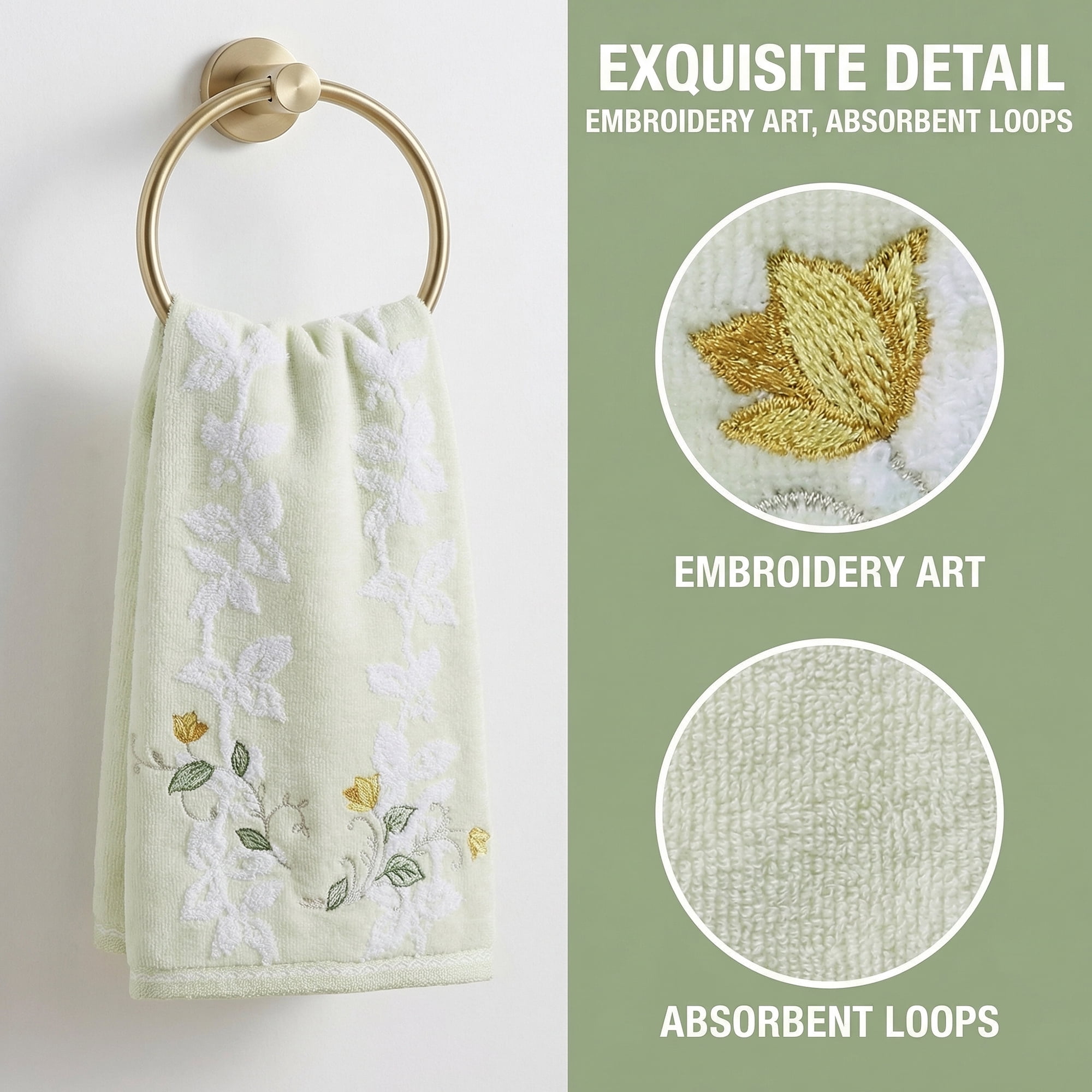 Unique Bargains Cotton Jacquard Hand Towels with Floral Embroidery Green 1pc 27" x 13"