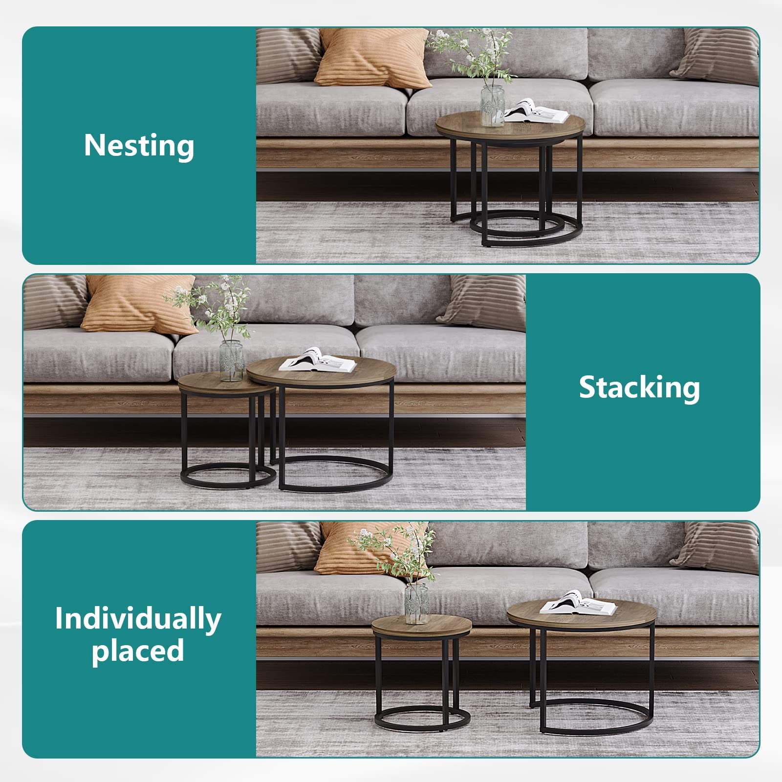 Semiocthome Modern Round Nesting Coffee Table Set,End Table Metal Frame for Living Room,23.6",Brown