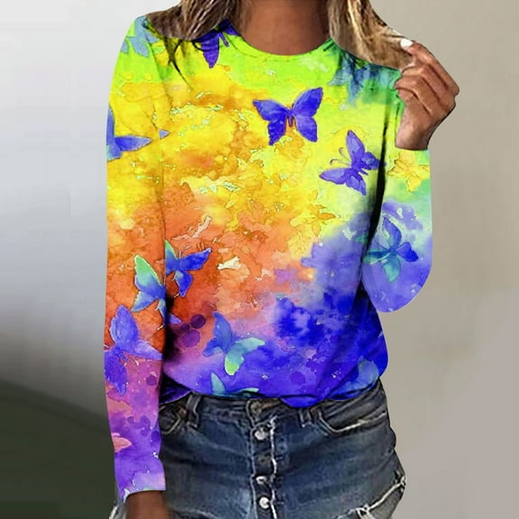 Women Tops Long Sleeves Round Neck Sweatshirts Casual Long Sleeve Tops Tie Dye Pullover s Colored Graphic Tshirts Tees Fashion T-Shirts Women Tunics Tops for Work Office