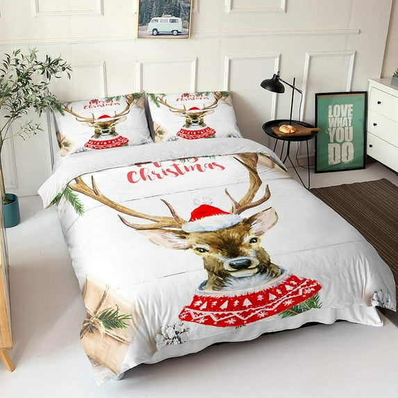 ZHH Blue Breathable Soft Christmas Bedding Set Winter Deer Forest Butterfly Snowing 3-Piece Duvet Set Full Size
