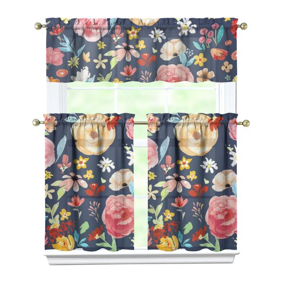 Vintage Boho Curtains 36 Inch Short - 3 Panel Farmhouse Floral Set with Rustic Wildflowers, Rod Pocket