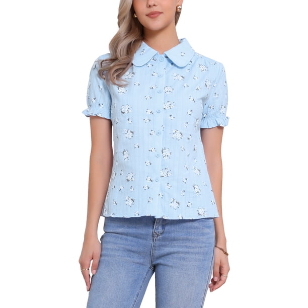 INSPIRAR CHIC Blusa de Algodón con Cuello Peter Pan y Mangas Abullonadas para Mujeres, Estampado Floral, Verano, Casual, Color Gris Azul