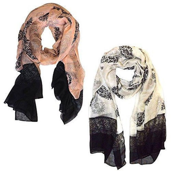 Peach Couture All Season Tribal Flower graphic print Paisley Lightweight Scarf - Peach and Black/White
