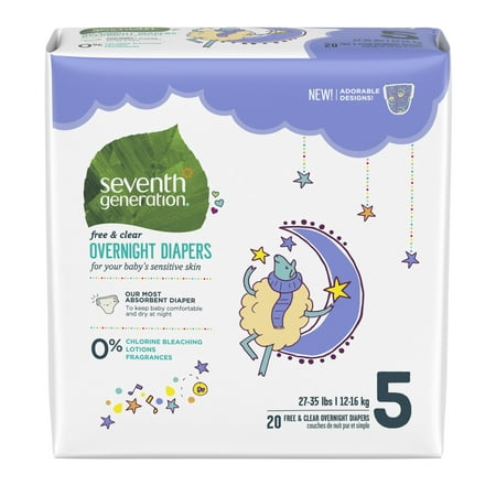 Seventh Generation Free & Clear Stage 5, 27-35 lbs Overnight Baby Diapers, 20 (Best Overnight Diapers For Toddlers)