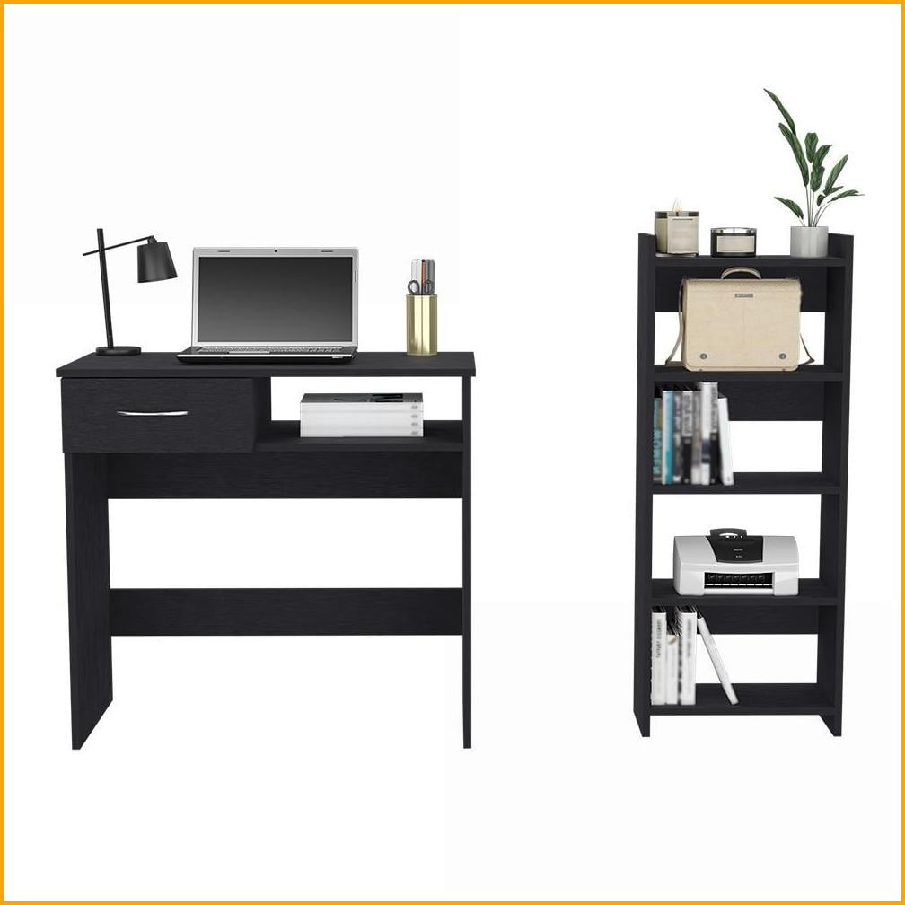 Computer Desks, Home Office Desk with Keyboard Tray, Drawer & Shelf, Black Wengue | Black | Particle Board